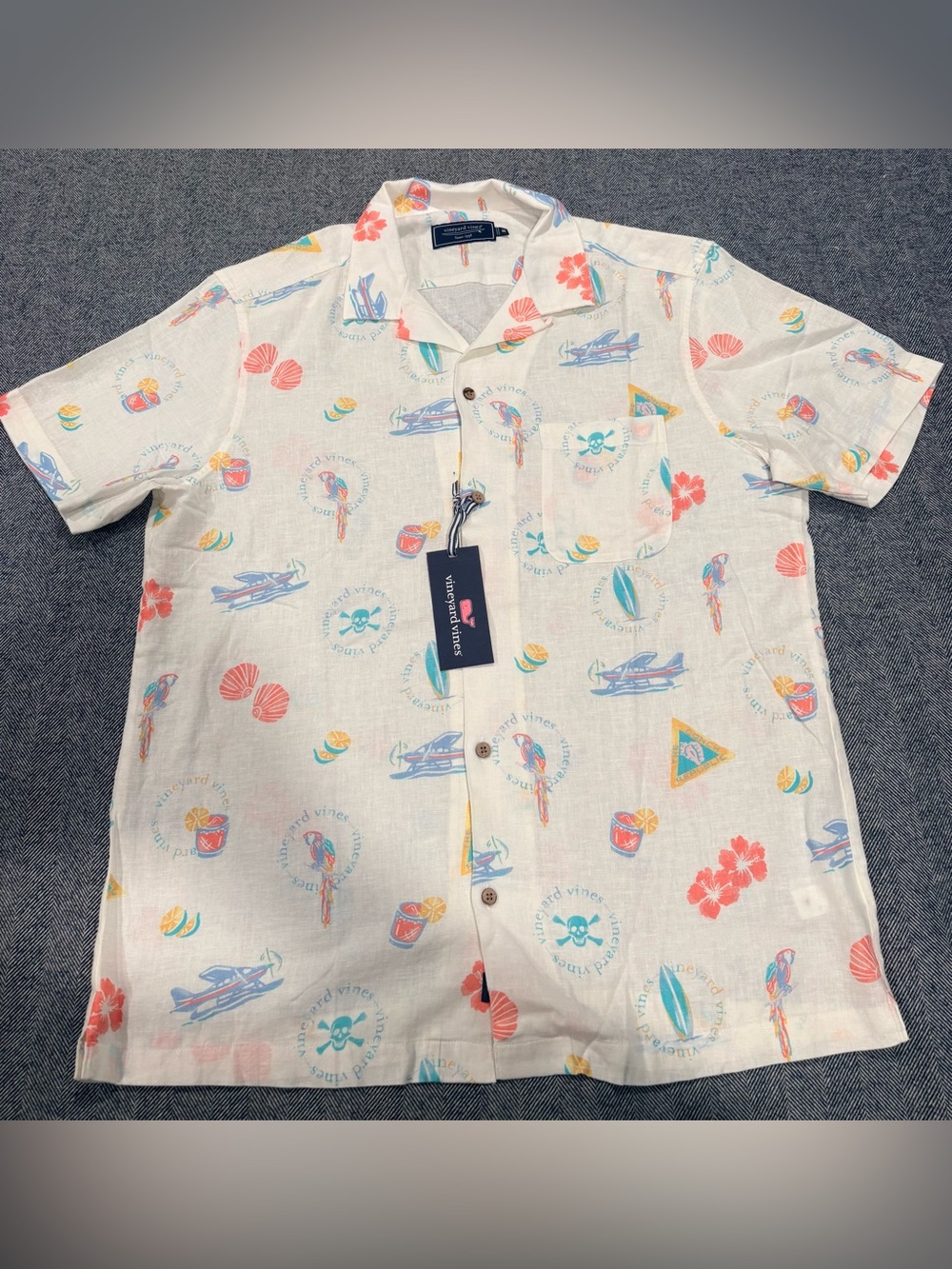 Vineyard Vines Sea The Keys Seabreeze Linen Blend Camp Shirt | white cap | M